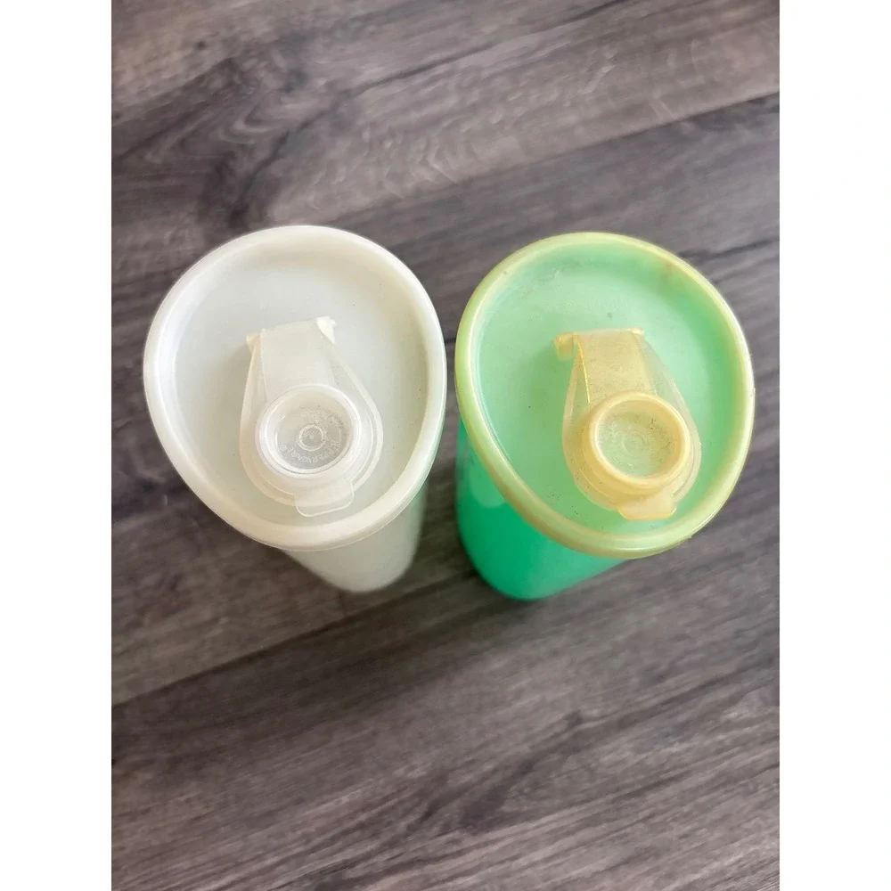 Vintage Tupperware Set of 2 Flip Top Shaker Pitchers Mint Green White 16oz